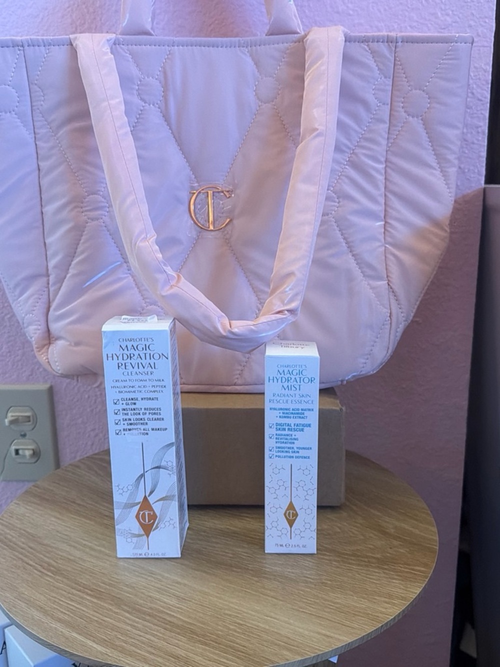 Charlotte Tilbury Pink Quilted Tote with Skincare Duo. NEW unopened